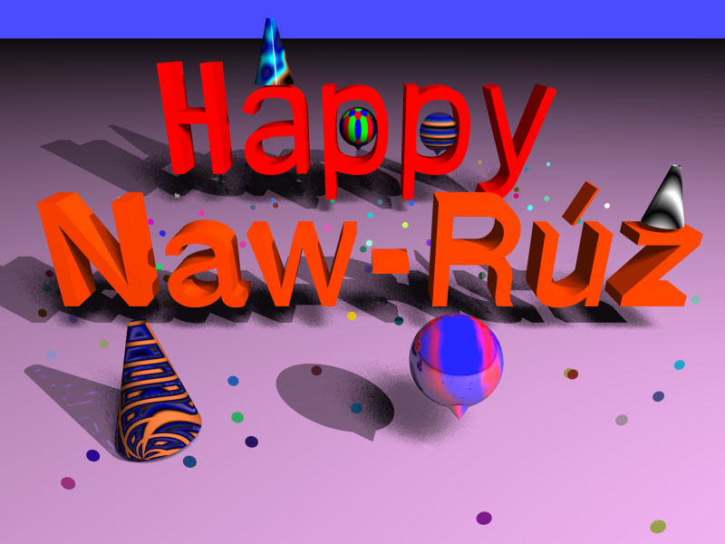 Picture with ballons, confettie, and text 'Happy N&aacutew;-Rúz'.